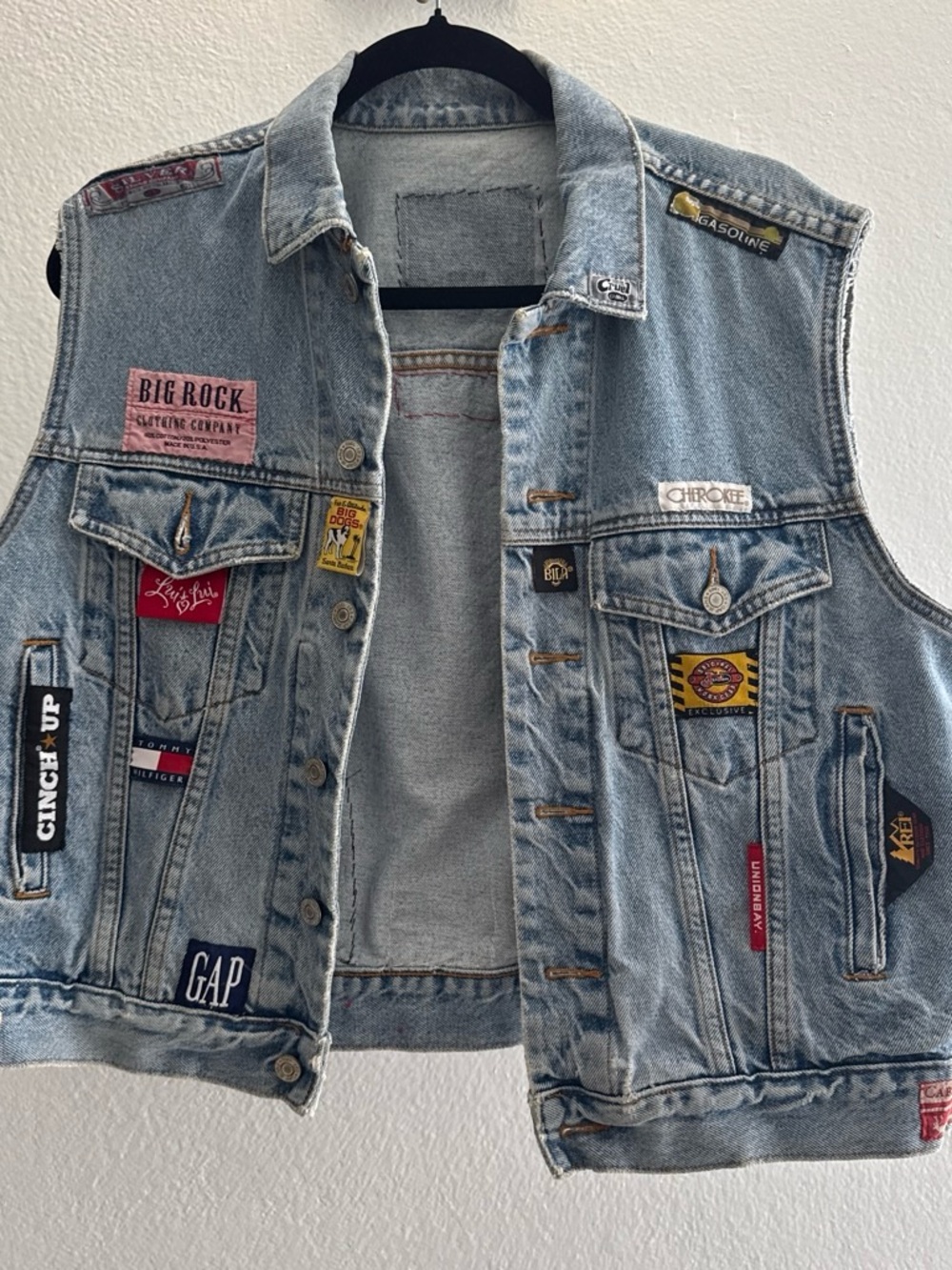 Patchwork Light Wash Denim Vest with Mixed Brand Patches